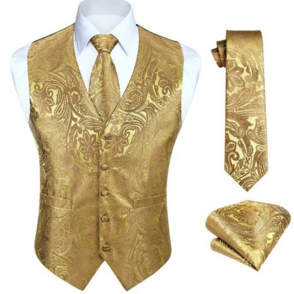 Mens Vest Set 3PC Waistcoat Paisley Gold